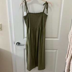 Olive green smocked midi dress. Size M